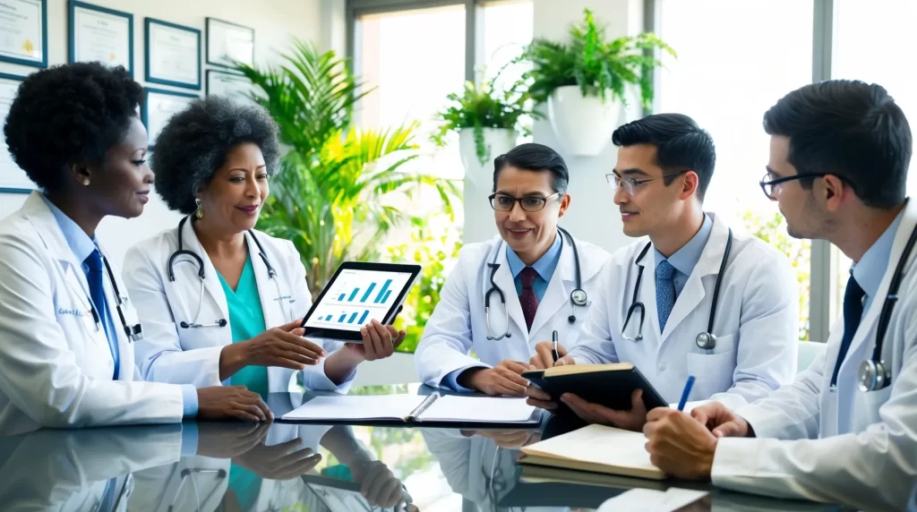 Médicos reunidos em uma sala de reunião, analisando gráficos em um tablet e tomando notas, representando planejamento estratégico para abrir CNPJ para médico.